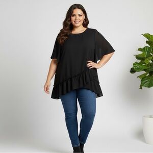 ASOS DESIGN Curve Semi-Sheer Black Asymmetric Ruffle Top -Plus Size US 20 / 2X